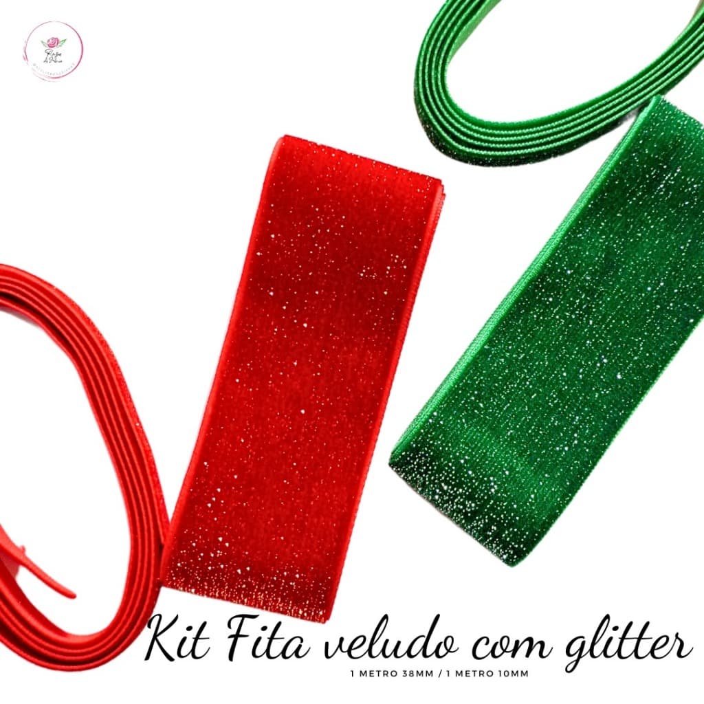Kit Fita Veludo Esponjada com Glitter 10mm e 38mm (Escolha a partir de 2 Metros | 1 Metro de cada) para Laços e Tiaras