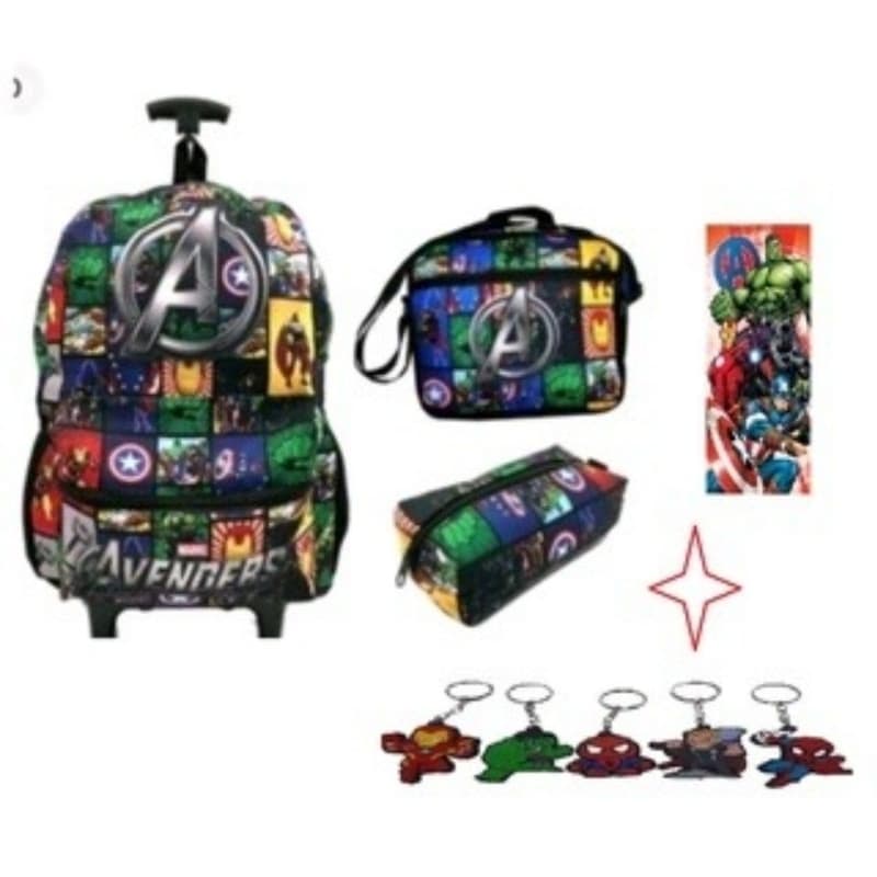 Kit Mochila Rodinha Avengers + Toalha ,Chaveiro