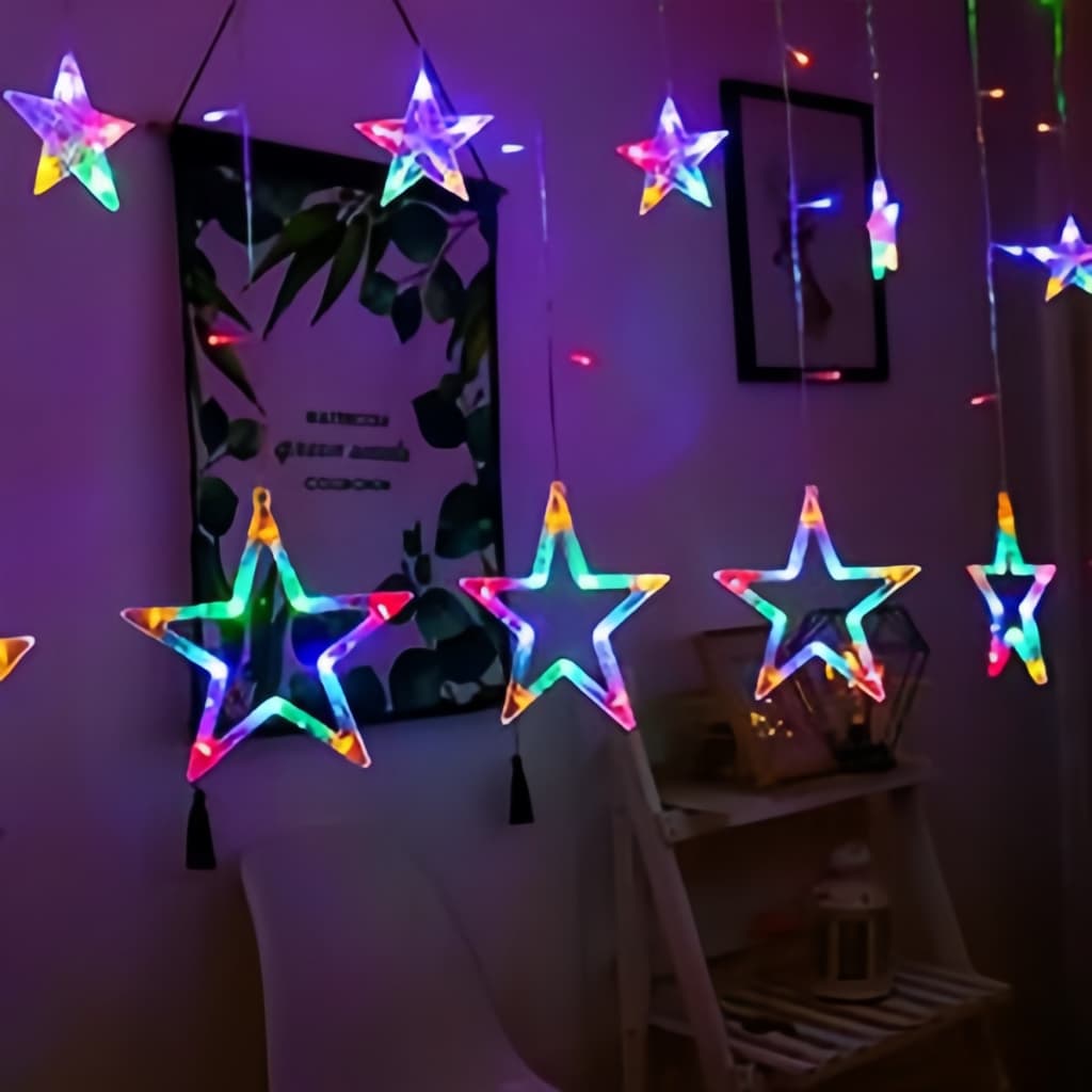 Cascata com 138 Estrelas Coloridas de LED 8 Funções de Pisca para Decorações de Natal 2,5 Metros Luzes de Natal para Sacada Janela Jardim