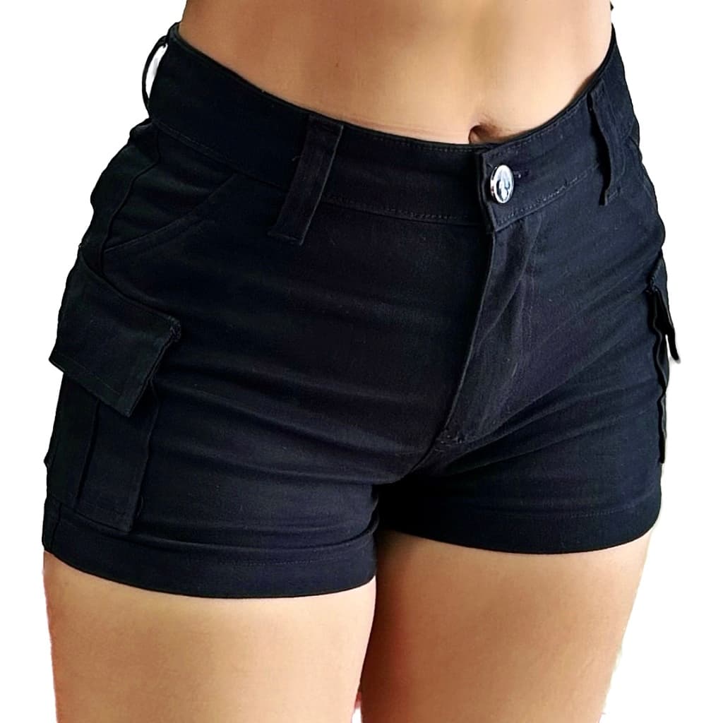 Short Cargo Preto Jeans Sarja Feminino Bolsos Laterais Cintura Alta Modela Bumbum Linha Premium
