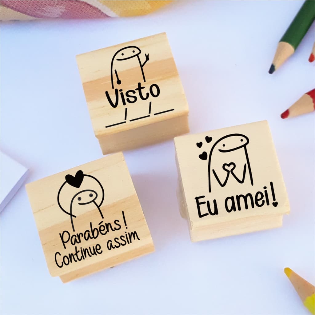 Kit 3 Carimbos Pedagógicos FLORK 3x3cm Madeira Bento Meme Professor Escola Incentivo Carimbo Artesanal Infantil