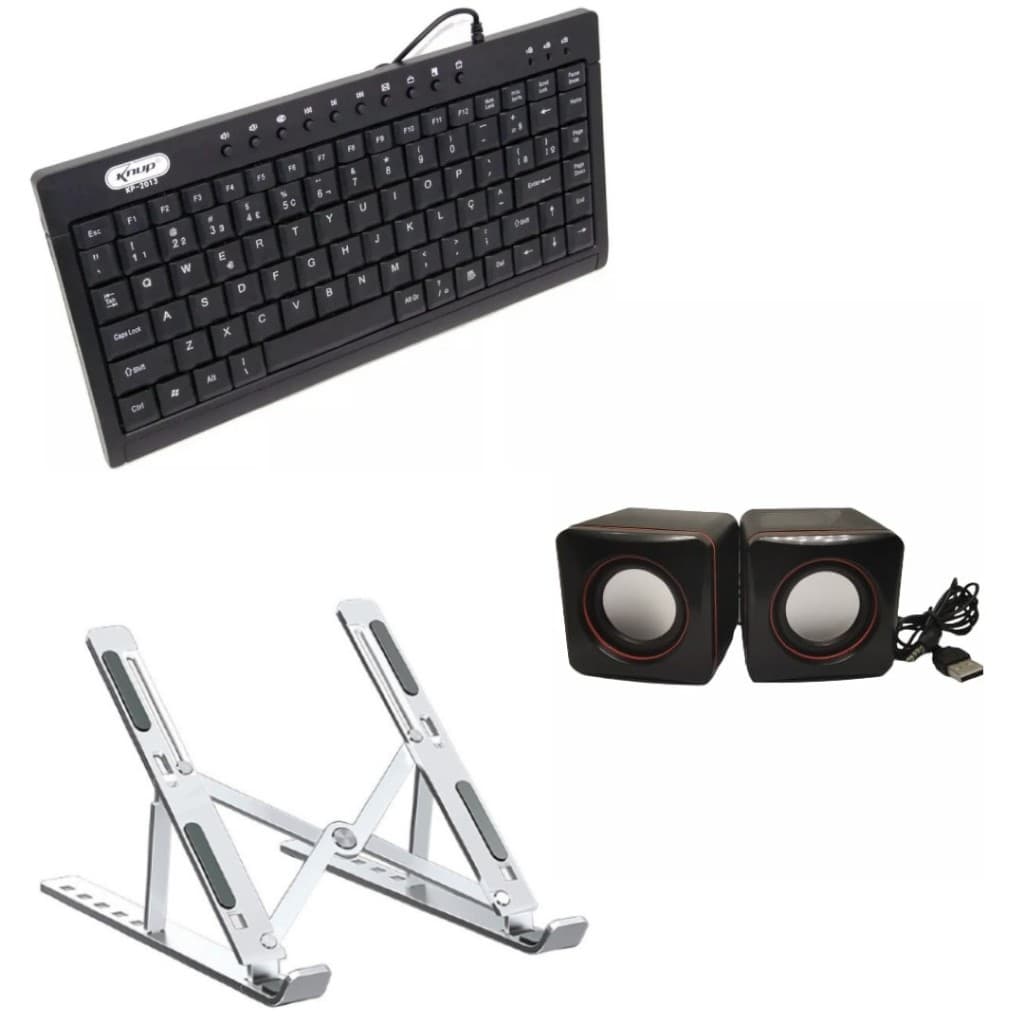 Super Kit Para Notebook Teclado Compacto Knup + Mini Auto Falante + Suporte Alumínio Portátil