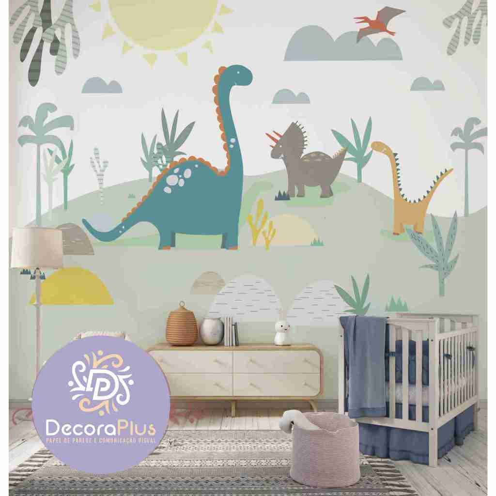 Papel De Parede Foto Mural Inteira Personalizado Infantil Coloridos Dinossauro Pré Histórico