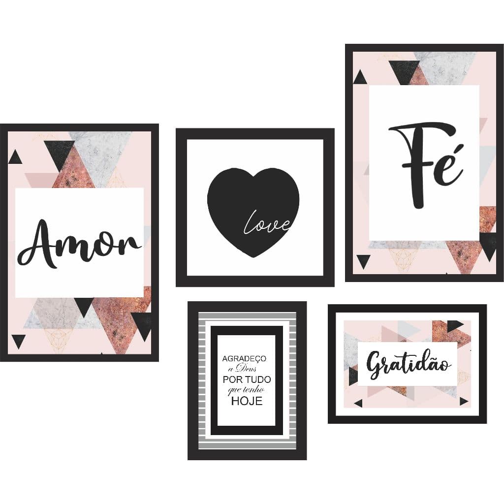 KIT 5 QUADROS FE AMOR GRATIDÃO ROSE FORMAS GEOMETRICAS TRIANGULAR ABSTRATO NEOCLASSICO FRASES BOHO
