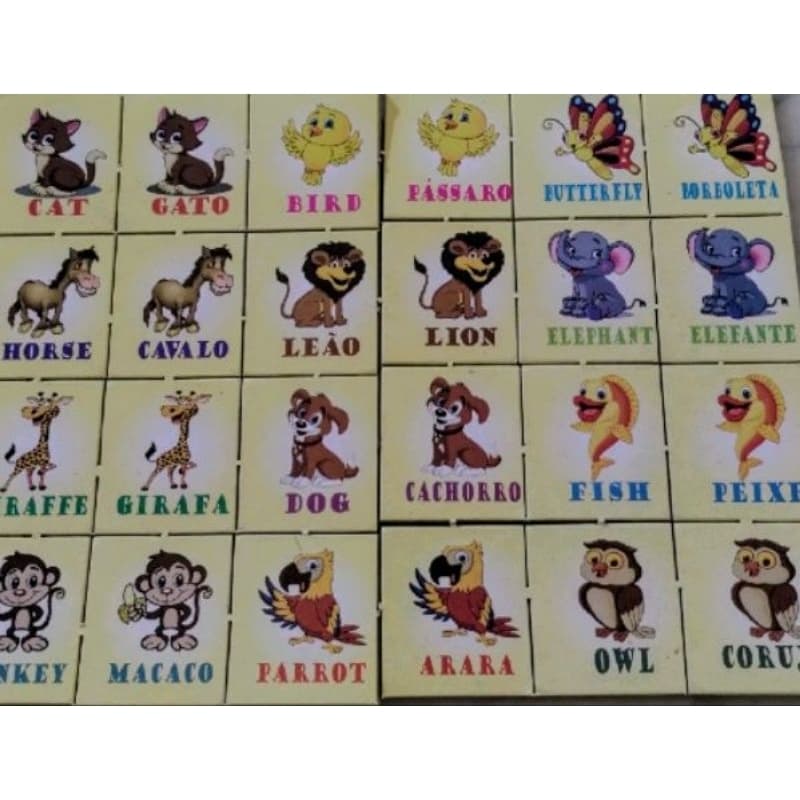 Jogo da Memória Animais Ingês e Português 24 peças a partir de 3 anos de idade Presente de Aniversário