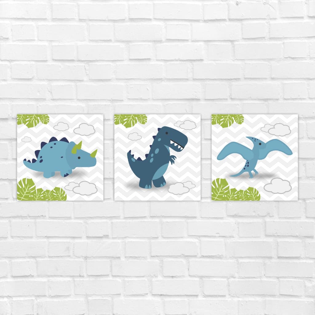Kit 3 Quadros Placas Decorativos Infantil Dinossauros Baby com Nuvens Decoração Infantil