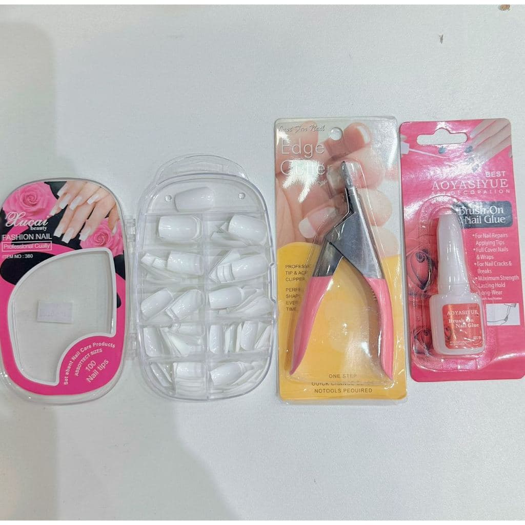 Kit 100 Unhas Postiças Naturais Nova Qualidade+1un Alicate Cortador Unhas Tips Acrigel+Cola para unhas
