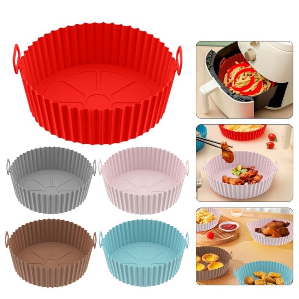 Forma de Silicone para Air Fryer Redonda Reutilizável Antiaderente com Alças Resistente ao Calor