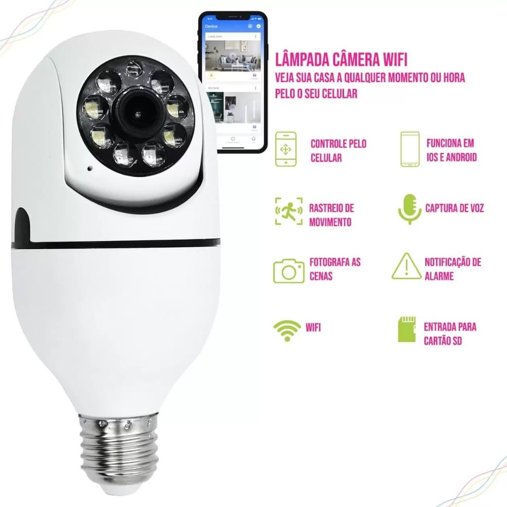 Câmera de Segurança Lâmpada Wifi Infravermelho Interna Externa - Câmera, Giratória, 360 - F.VITORIA