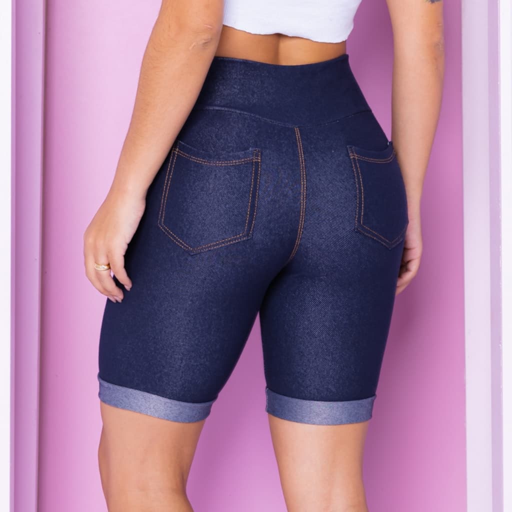 Shorts Jeans Feminino Bermuda Imita Jeans Cos Alto de Cotton Possui Bolsos M G GG EXTRA