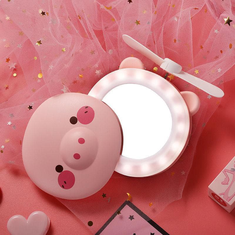Mini Espelho Ventilador Porquinho Rosa Usb Iluminação Luz Led Para Maquiagem Portátil-W1205