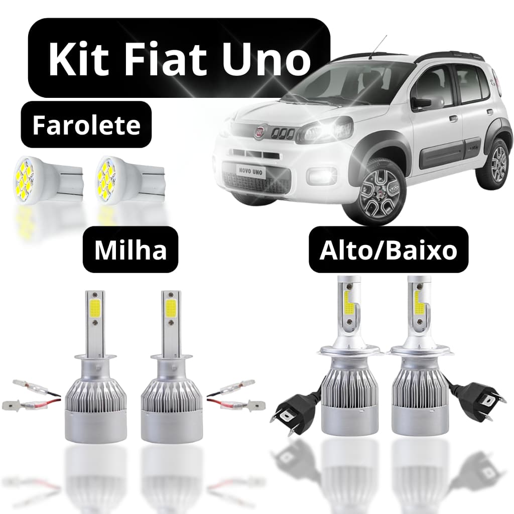 Kit Lâmpada Led Farol Alto Baixo Milha Farolete Fiat Uno Novo Mille Way Attractive Vivace Mille 2010 a 2017 H4 H1 T10