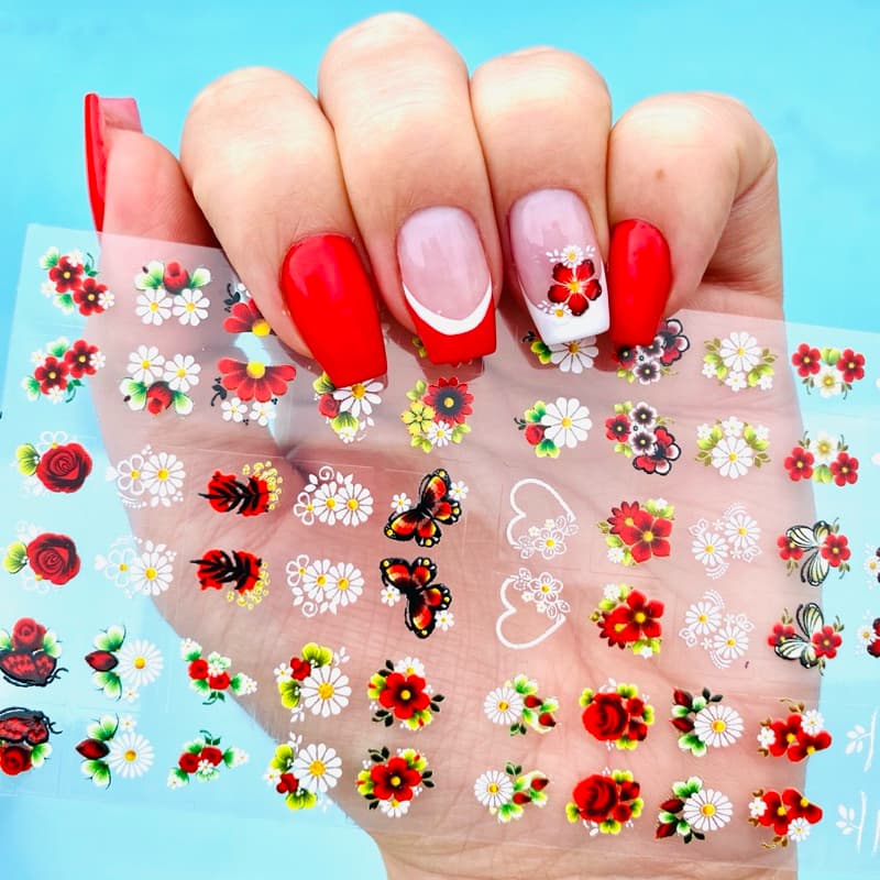 Cartelão Adesivos de Unha 3D Flores Vermelhas e Branquinhas Ref.ad53