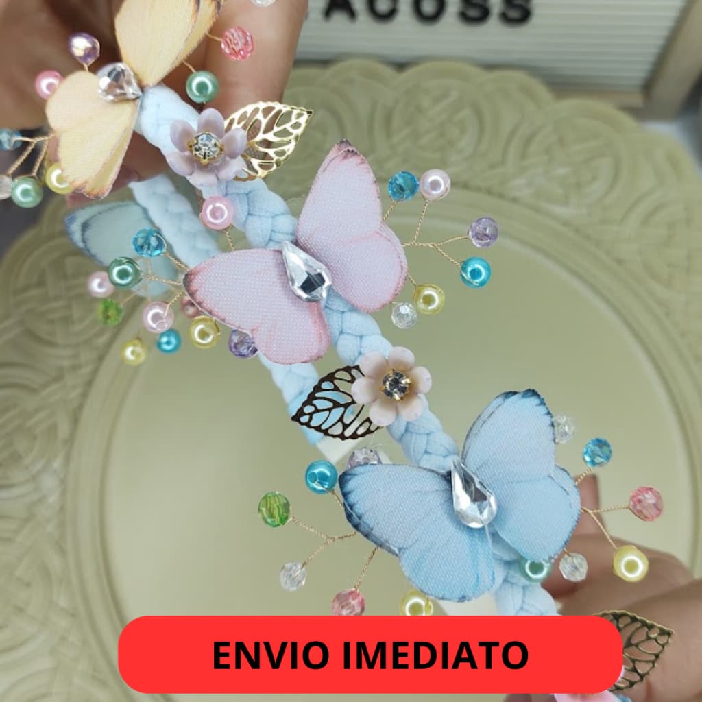Headband Infantil Jardim Encantado com Flores e Borboletas/ Faixinha de Luxo para Bebê