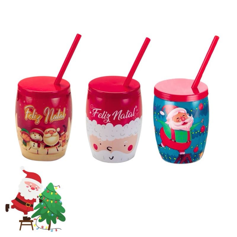 Copo de Natal com Canudo Papai Noel Feliz Natal - Kit com 4 Copos 650ml