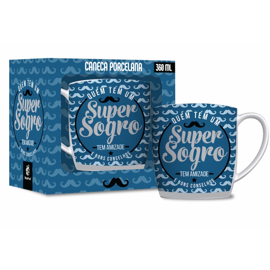Caneca de porcelana personalizada para sogro - "Super sogro" 300ml com alça decorado azul - caneca para chá café leite cha cafe na caixa de presente sogrinho sogros