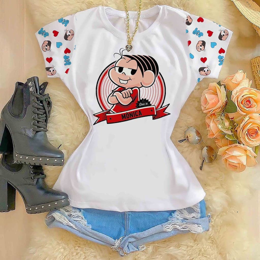 Tshirts Baby Look Blusa Feminina Monica Manga Curta Estampada Delicada Cores Vibrantes