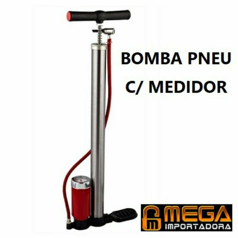 Bomba Encher Pneu Manual com Tanque e Manômetro Corpo Inox- Mega