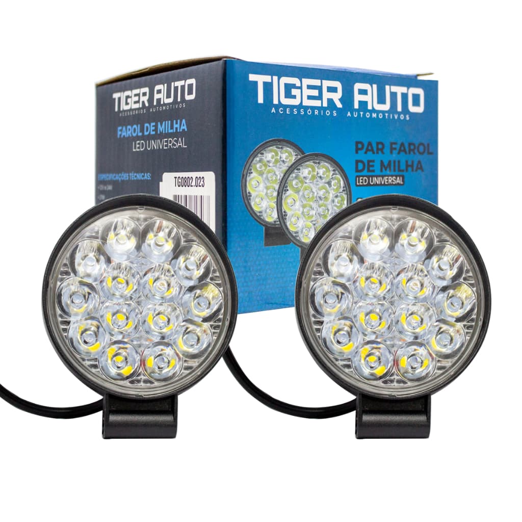 Par Mini Farol Auxiliar Led Redondo 14 Leds 12V E 24V 6000K 21W - Tiger
