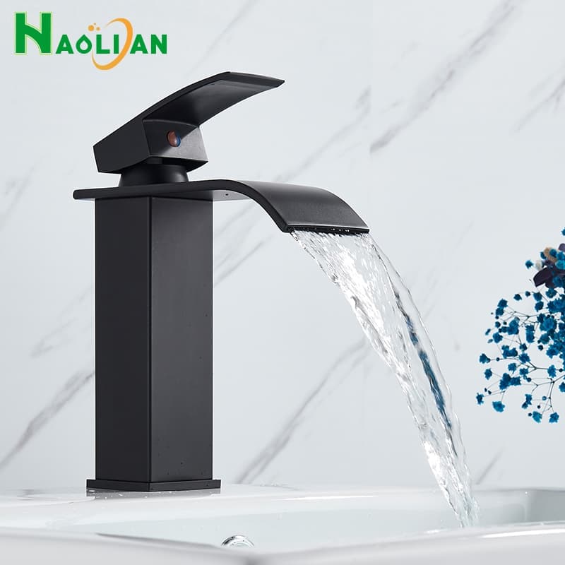 Torneira Cascata Misturador para Banheiro Lavatorio Dourada/Preto de Bancada Mesa Monocomando Água Quente e Fria Metal