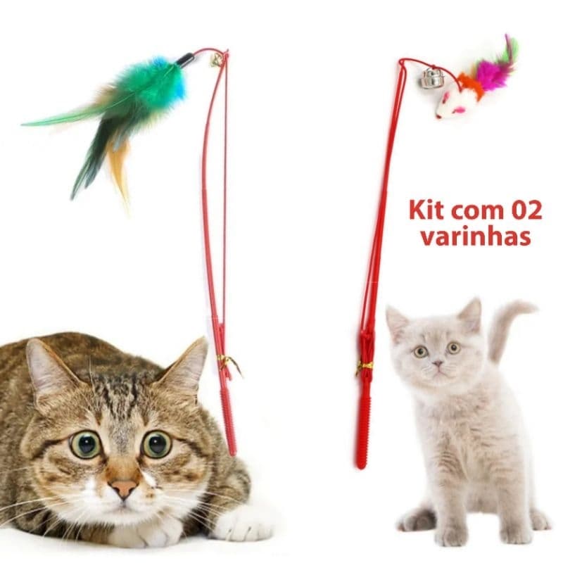 kit com 2 varinha Para Gato com penas e com Rato, brinquedo vara divertida colorida para Gato