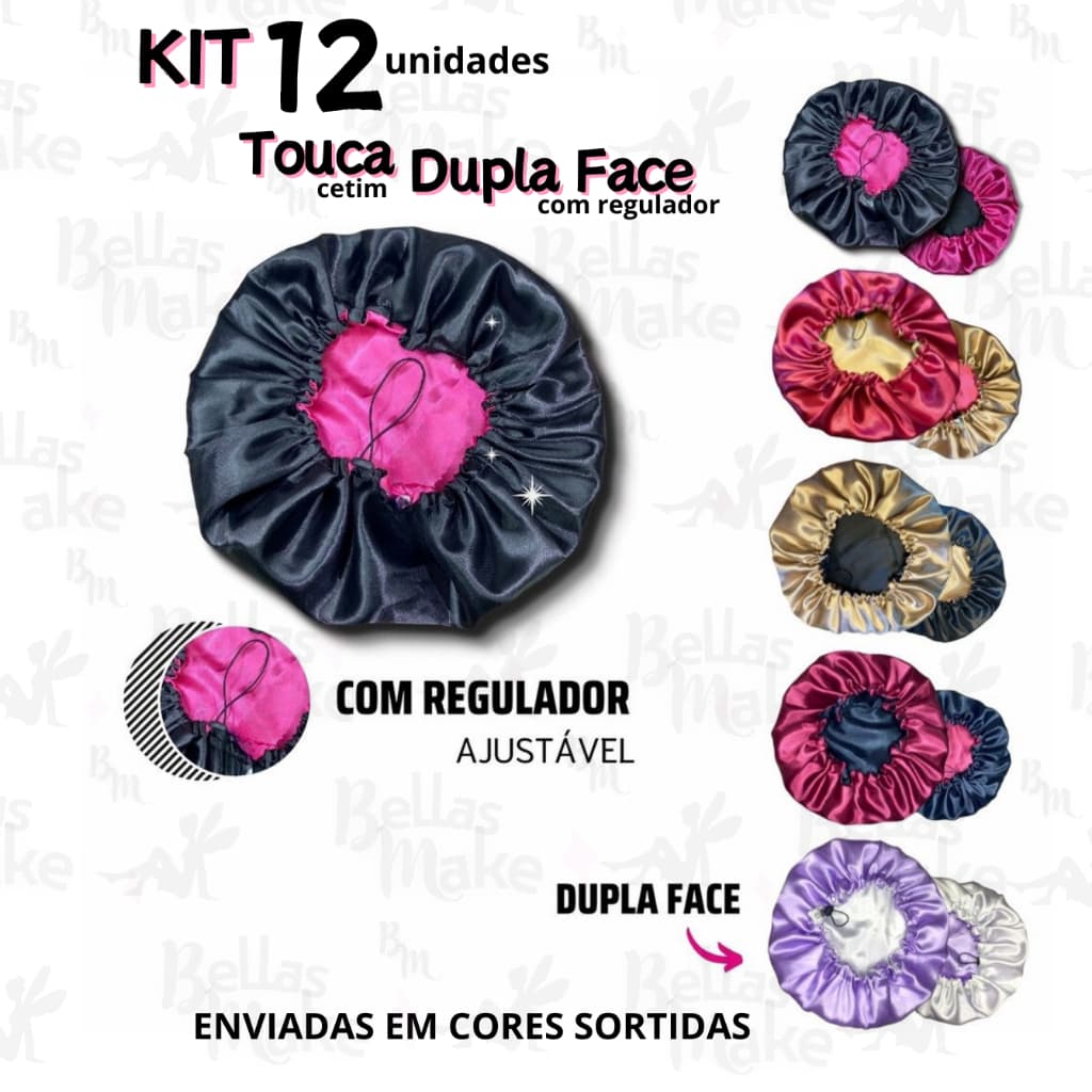 Kit 12 Unidades Touca De Cetim Anti Frizz Dupla Face Com Regulador Cores Sortidas