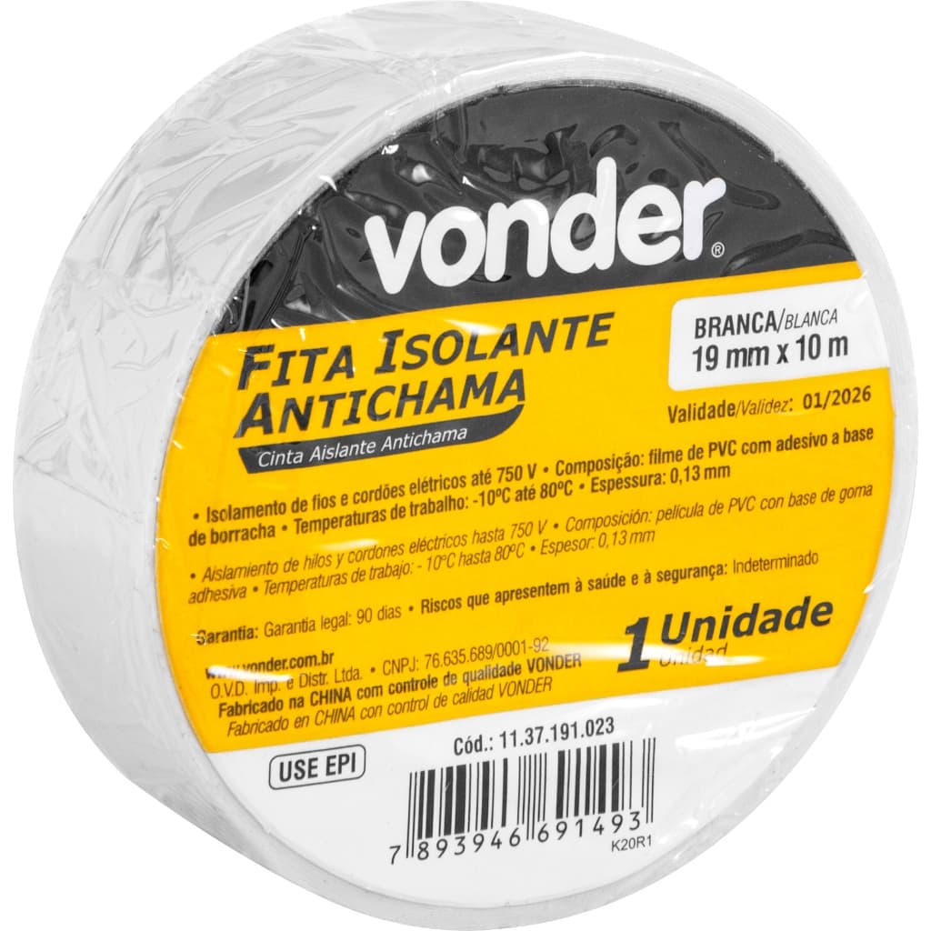 Fita Isolante Branca Antichama, 19 mm x 10 m - VONDER