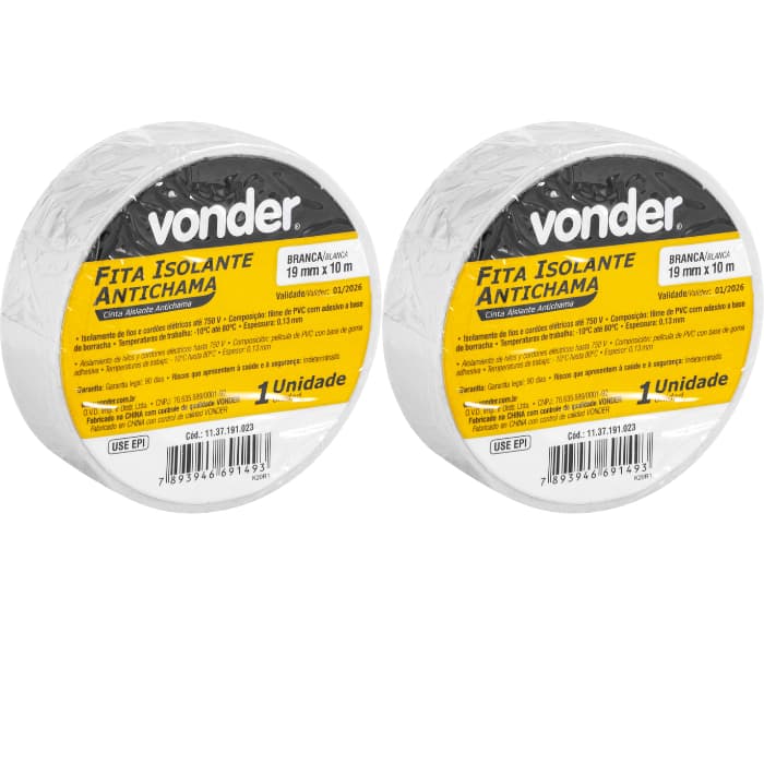 Kit com 2 Fitas Isolante Branca Antichama 19 mm x 10 metros - Vonder