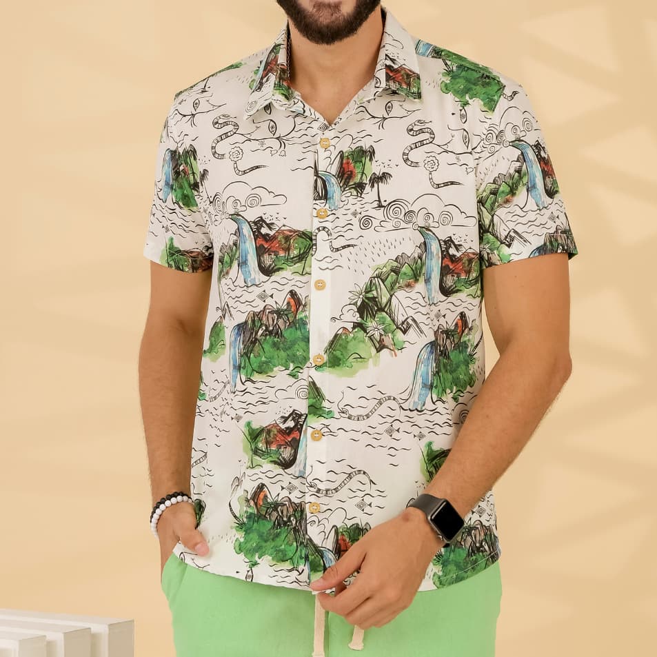 Camisa Floral Praia Verão Haryn Masculina Manga Curta de Botão