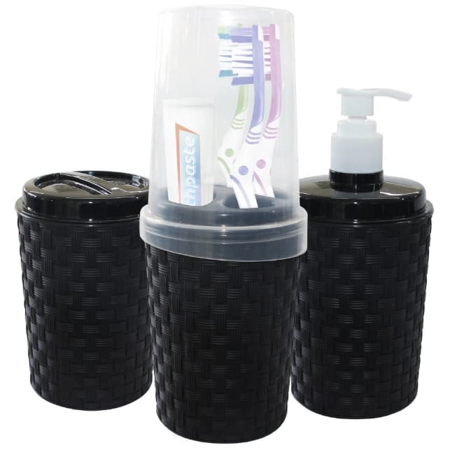 Kit Banheiro Toalete Ratttan 3 Peças Porta Escova + Porta Detergente Dispenser Sabonete  + Porta Cotonete Algodão