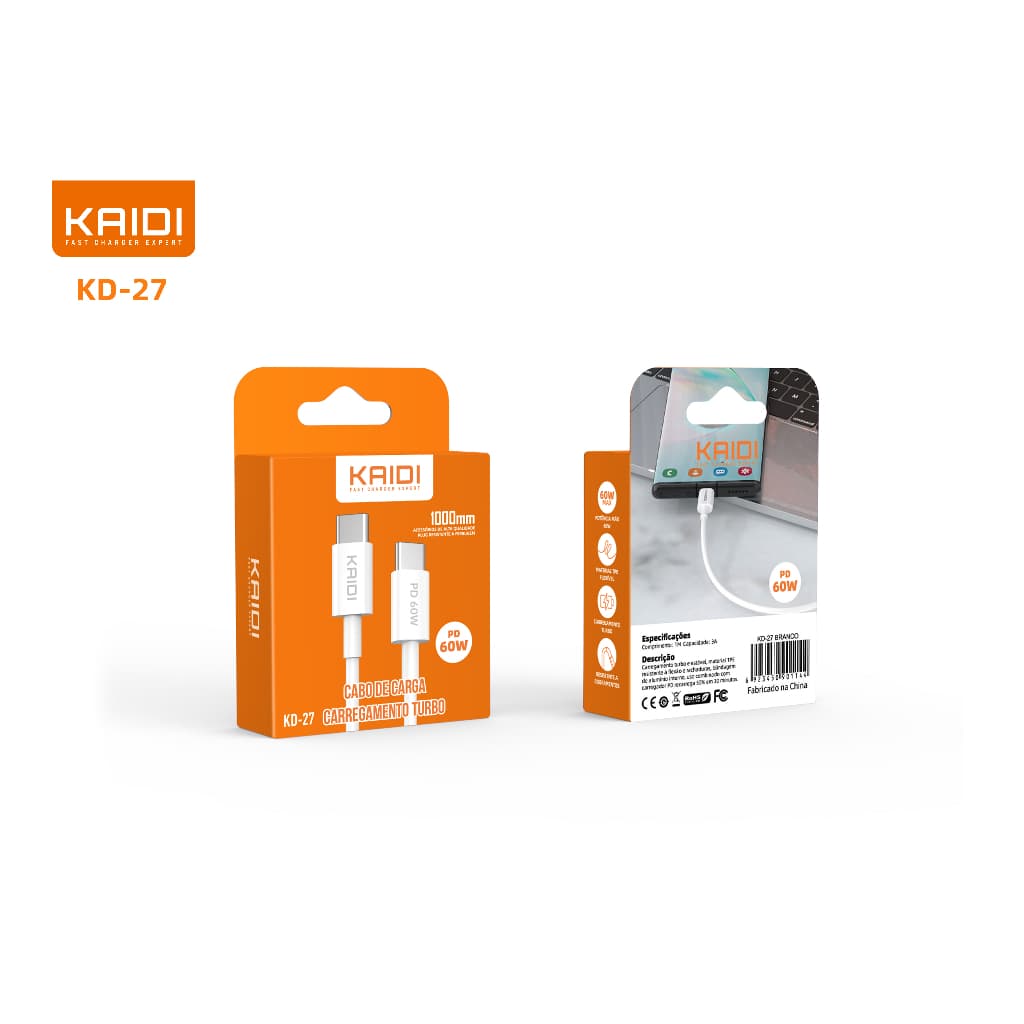 Cabo Carregador e Dados Celular Tipo C Turbo PD 60w 1 Metro Kaidi KD-27 Carga USB C Resistente