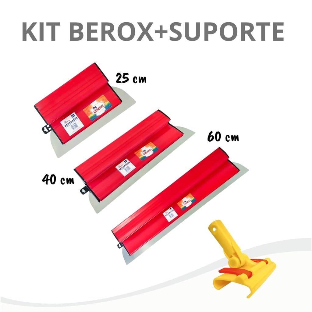 Kit Desempenadeira Espátula Aço Inox 25/40/60cm  Inoxidável + suporte Massa Corrida