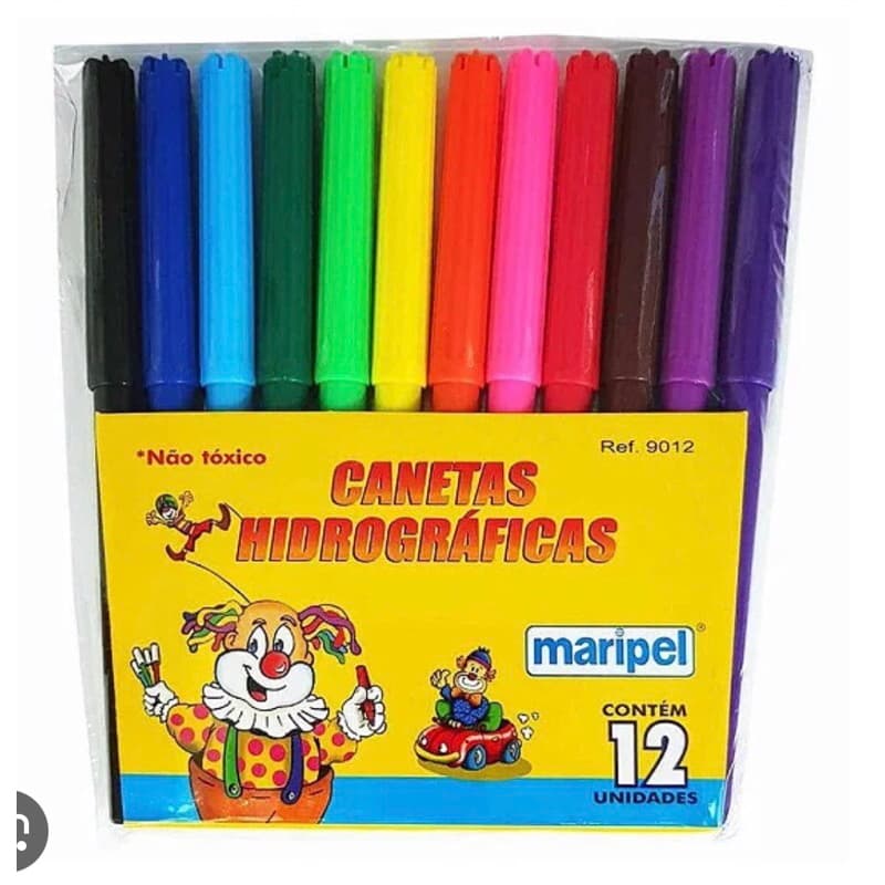 KIT 12 Embalagens Canetinhas Coloridas 12 cores Infantil Papelaria Material Escolar Atoxico MARIPEL