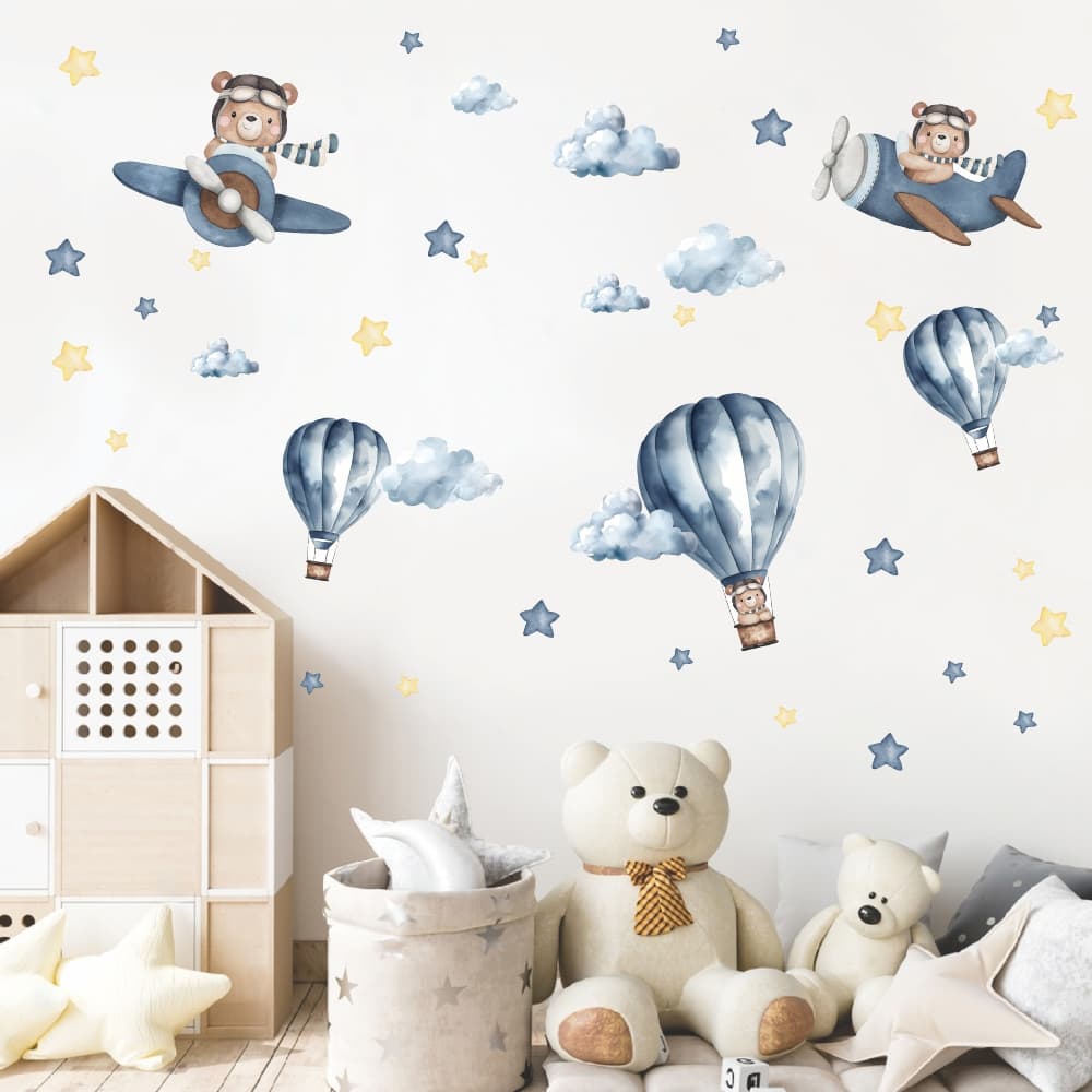Adesivos Parede infantil Ursinho Aviador Baloeiro Aquarela com Nuvens papel de parede quarto Bebê