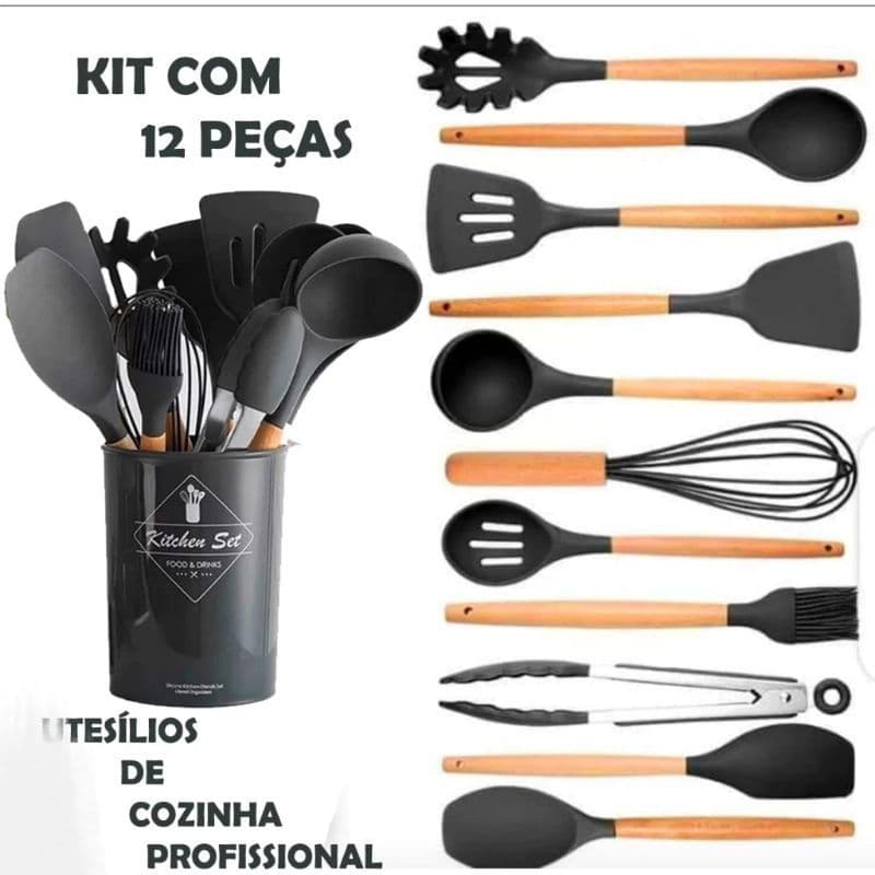 1Kit de Utensílios Para Cozinha em Silicone e Bambu 12 Peças