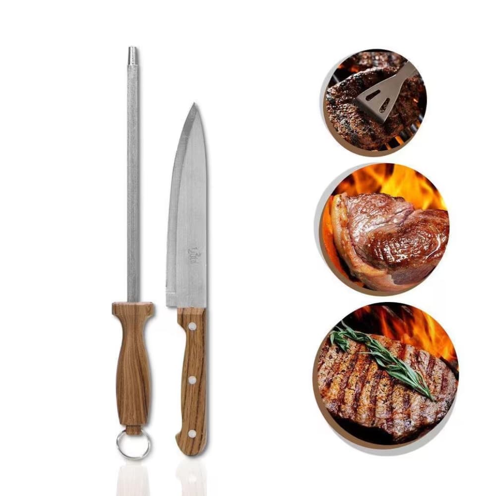 Kit Churrasco Churrasqueiro 2 Peças - Faca 7+  Chaira 8 Amolador em Aço Inox de Alta Qualidade