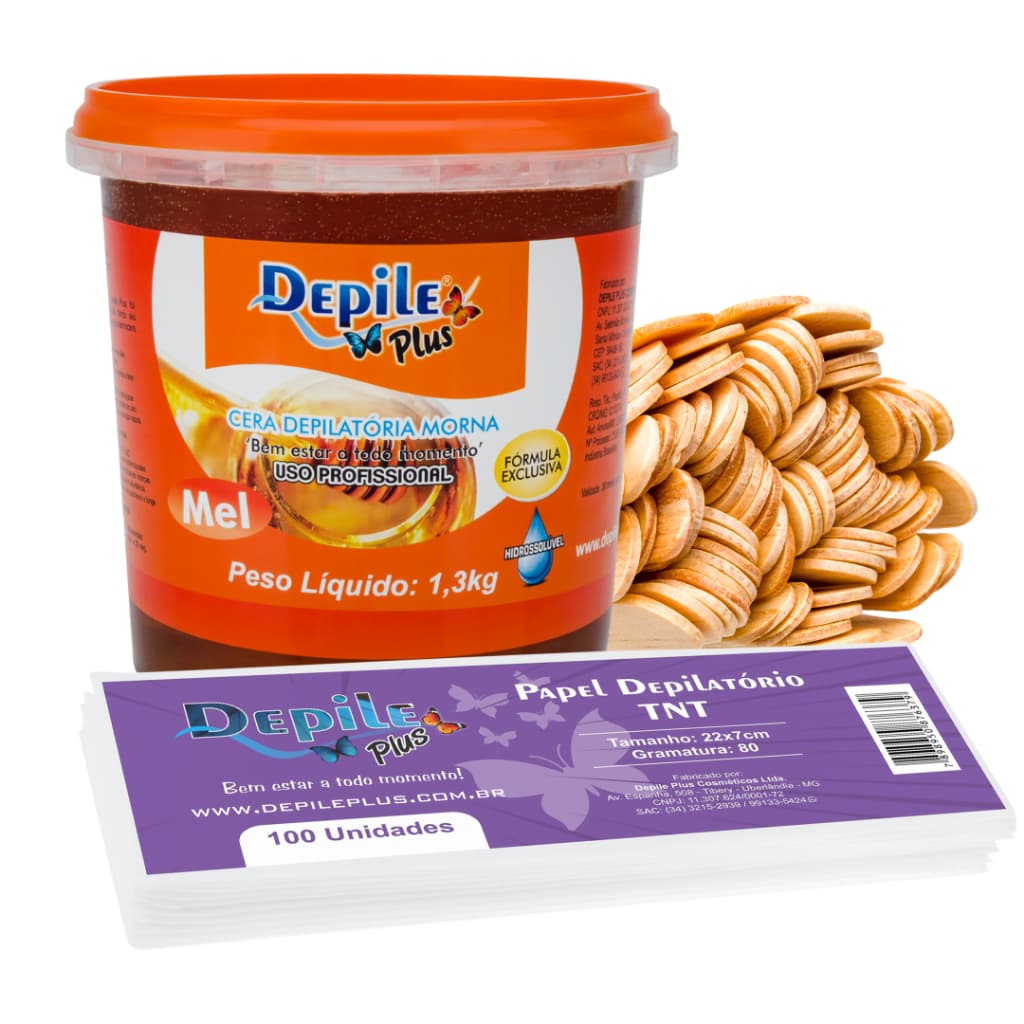 Kit 1 Cera de 1,3kg Hidrossolúvel + Espátula Larga 100 unidades + Papel Depilatório 100 unidades