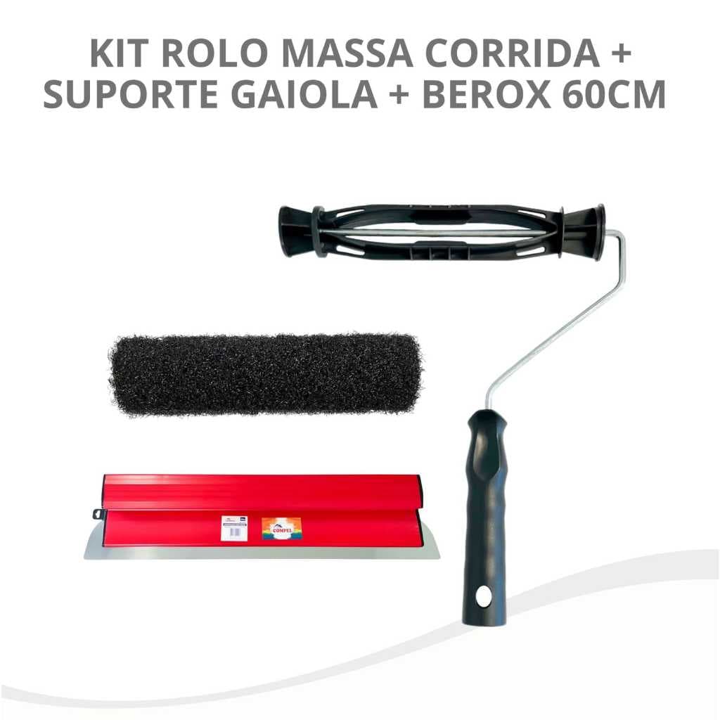 Kit Rolo Massa Corrida 23cm + Suporte Gaiola + Desempenadeira Berox 60cm