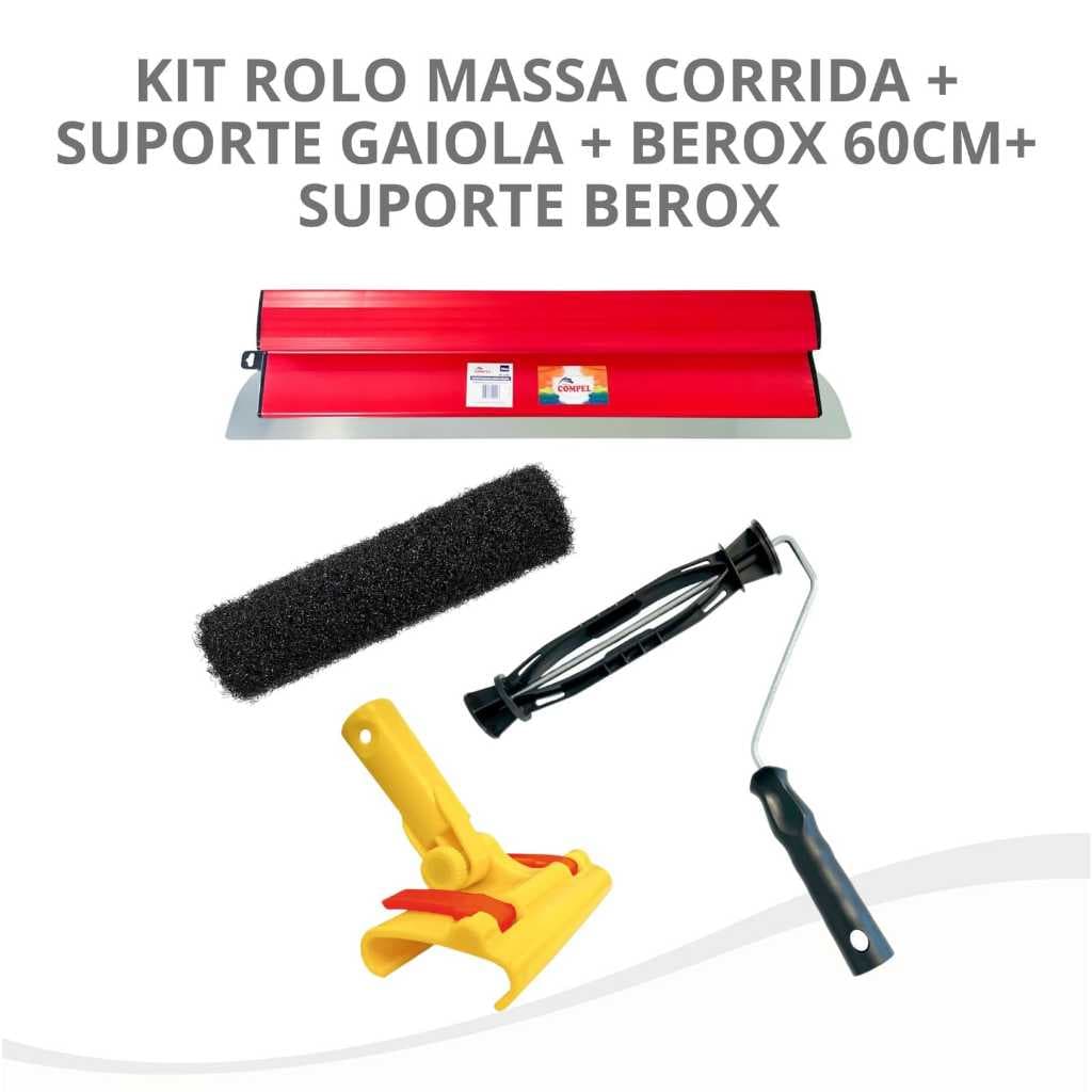 Kit Suporte Gaiola + Desempenadeira Berox 60cm + Suporte Berox + Rolo Massa Corrida 23cm