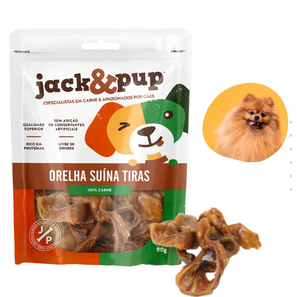 Orelha Suína Em Tiras 80g  Orelha de Porco em Tiras Petisco Para Cachorro Cães Natural Jack E Pup