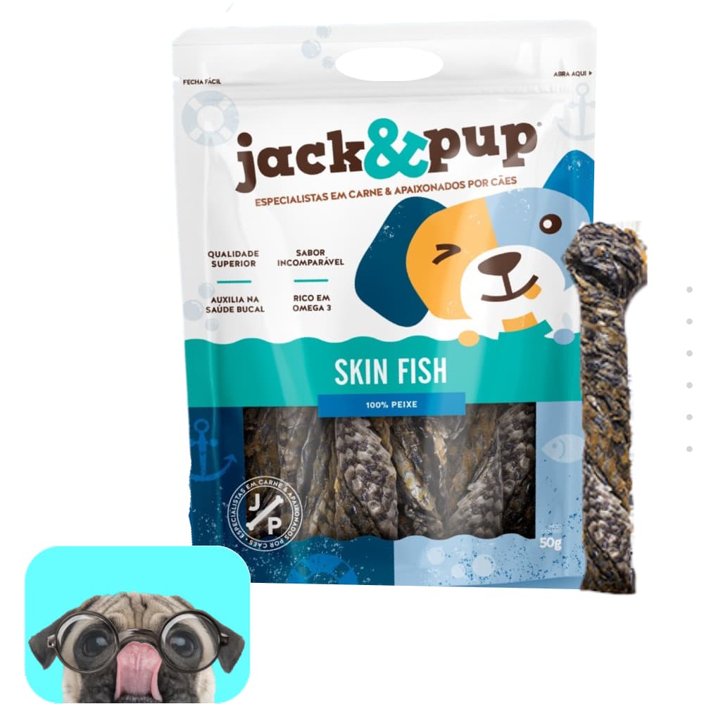 Petisco Skin Fish 50g Escama de Peixe Desidratado Petisco Para Cachorro Cães Rico Ômega 3 Jack e Pup
