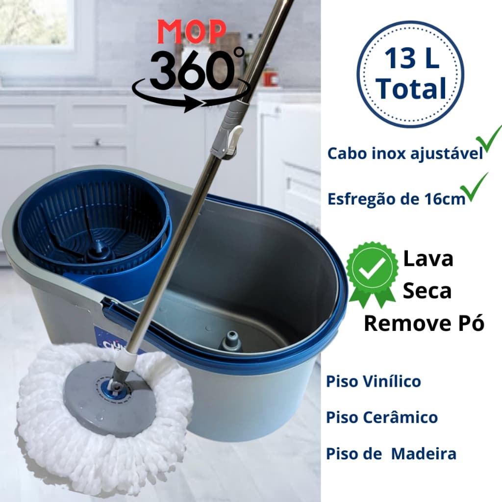 Mop Esfregão Giratório Limpa E Seca Piso Balde 13L Cabo Inox