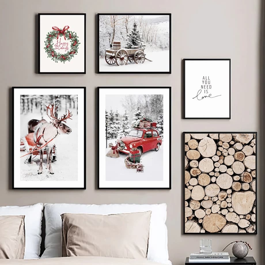 Quadro Inverno Neve, Wall Art, Elk Pine Wood Paisagem, Poster e Impressão para Casa Moderna, Decoração de Natal