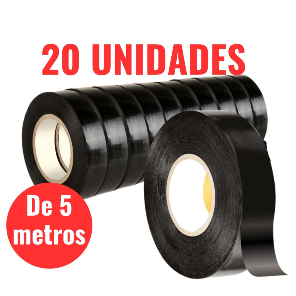 Kit 20 Fita Isolante de 5 Metros Pacote Com 20 Rolos 15mm Antichama Preta