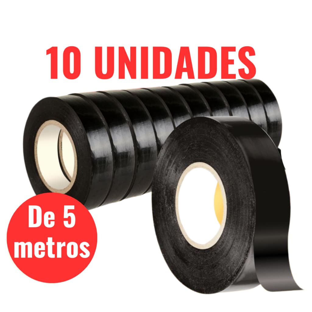 Kit 10 Fita Isolante de 5 Metros Pacote Com 10 Rolos 15mm Antichama Preta
