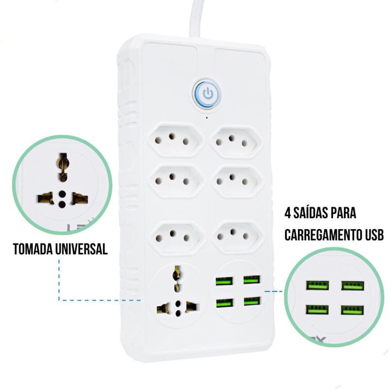 Régua Filtro de Linha com 7 Tomadas Extensão Elétrica 1 Universal 4 USB Bivolt 10A Cabo de 2 Metros-envio imediato