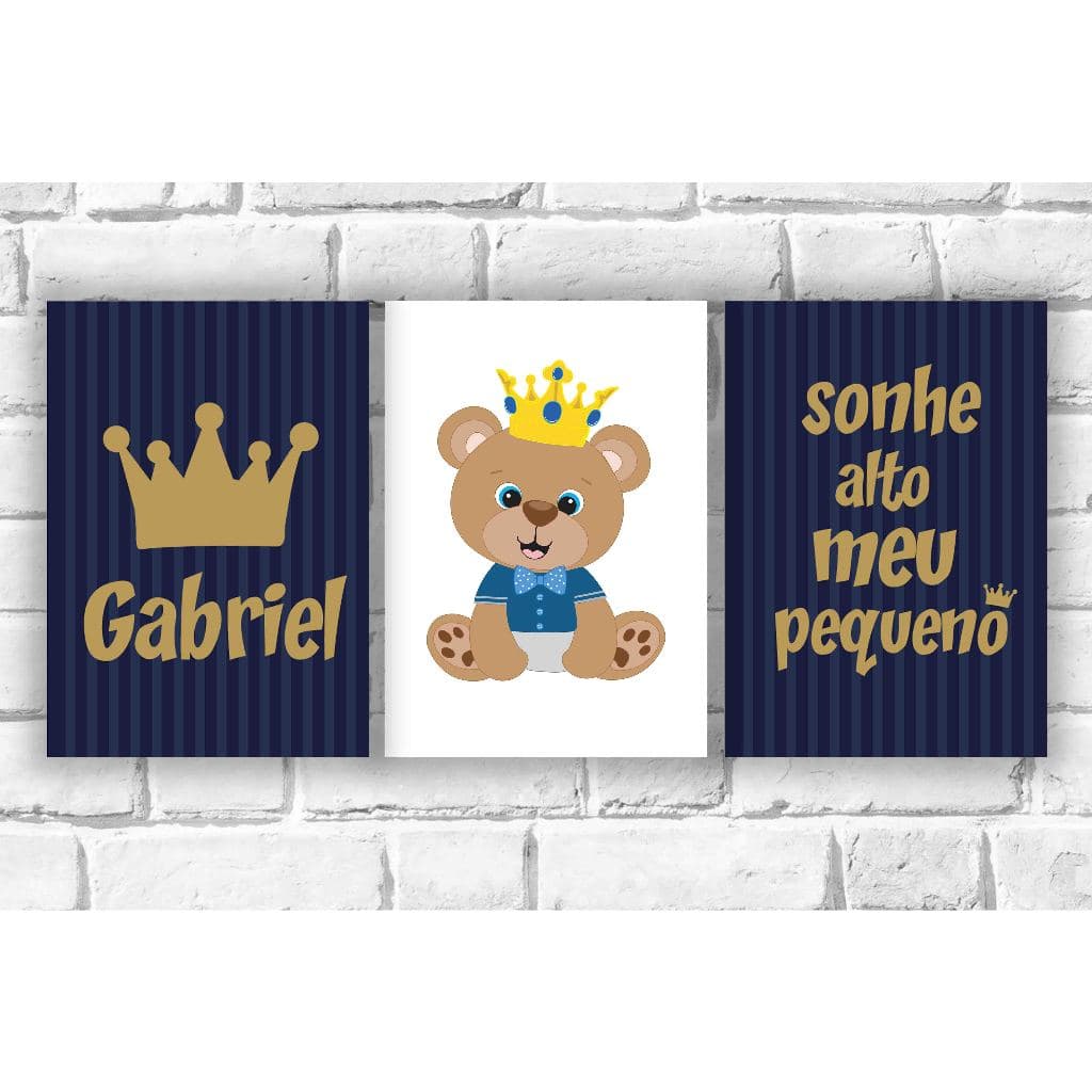Kit 3  Quadros Personalizado Menino Quarto Baby Bebê Urso Principe Ursinho Infantil Kids  Sonhe alto meu pequeno