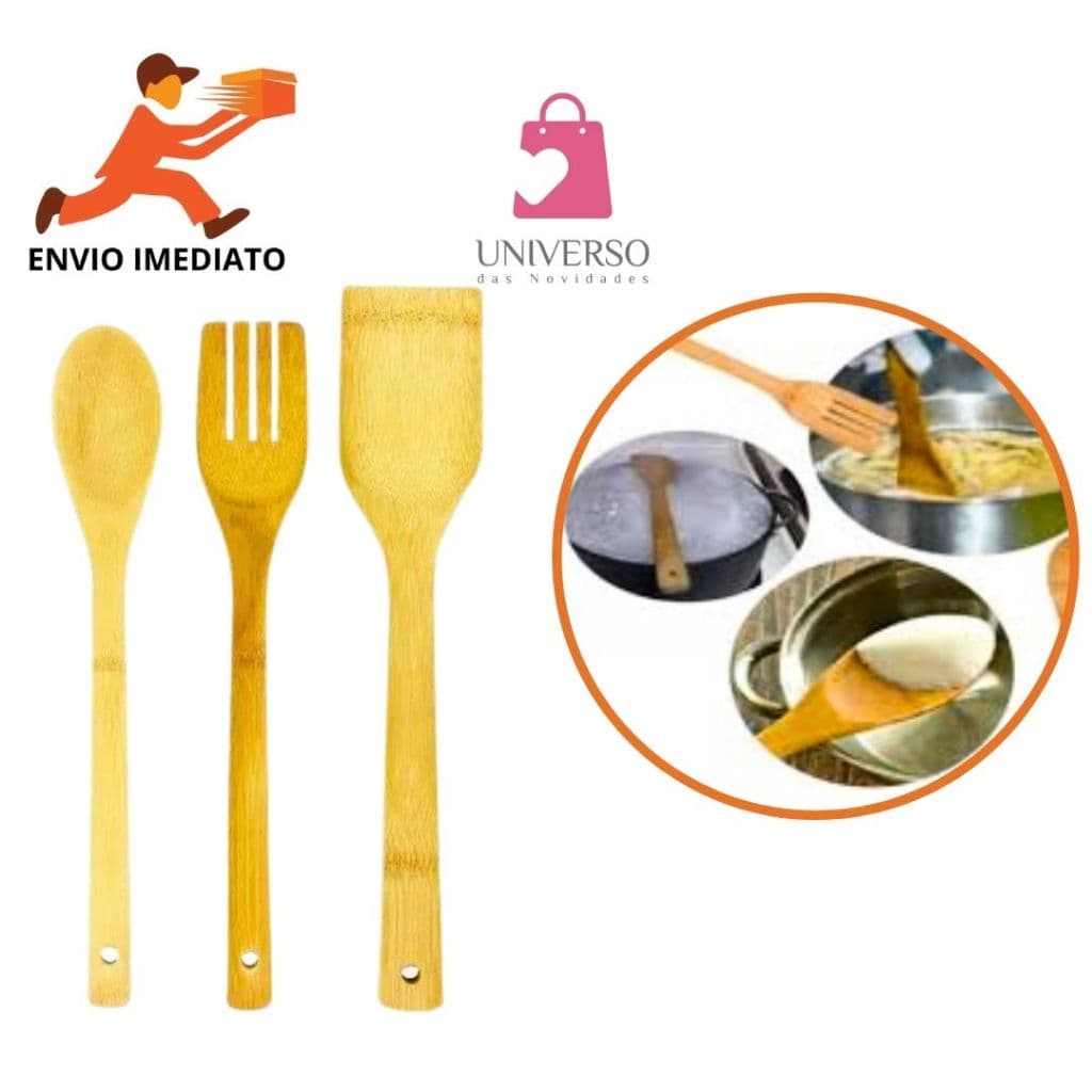 Kit 3 Peças De Bambu Colher, Espátula E Garfo Para Conzinha Uso Domestico Profissional