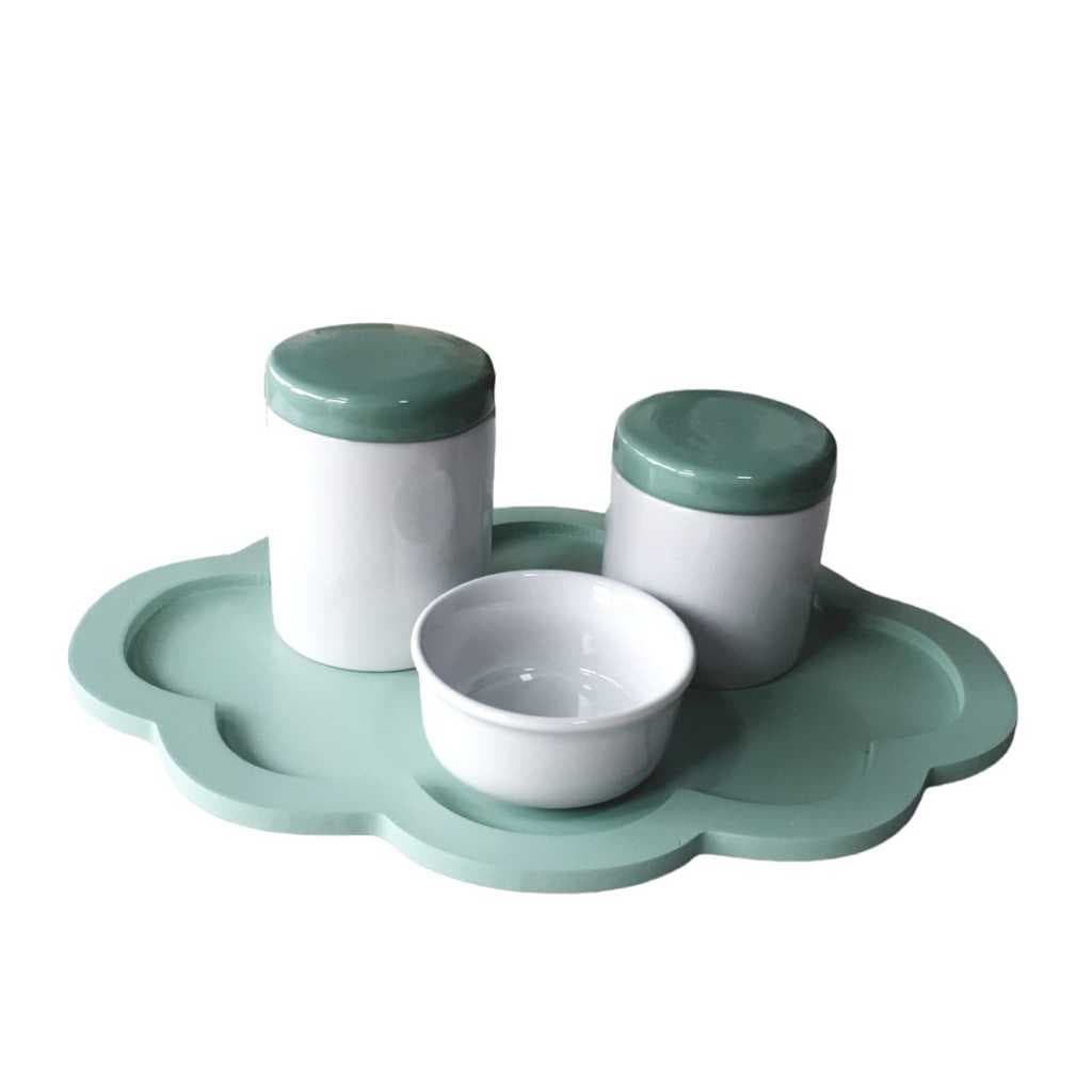 Kit Higiene Bebê porcelana potes com tampa bandeja verde porta algodão cotonete menino maternidade