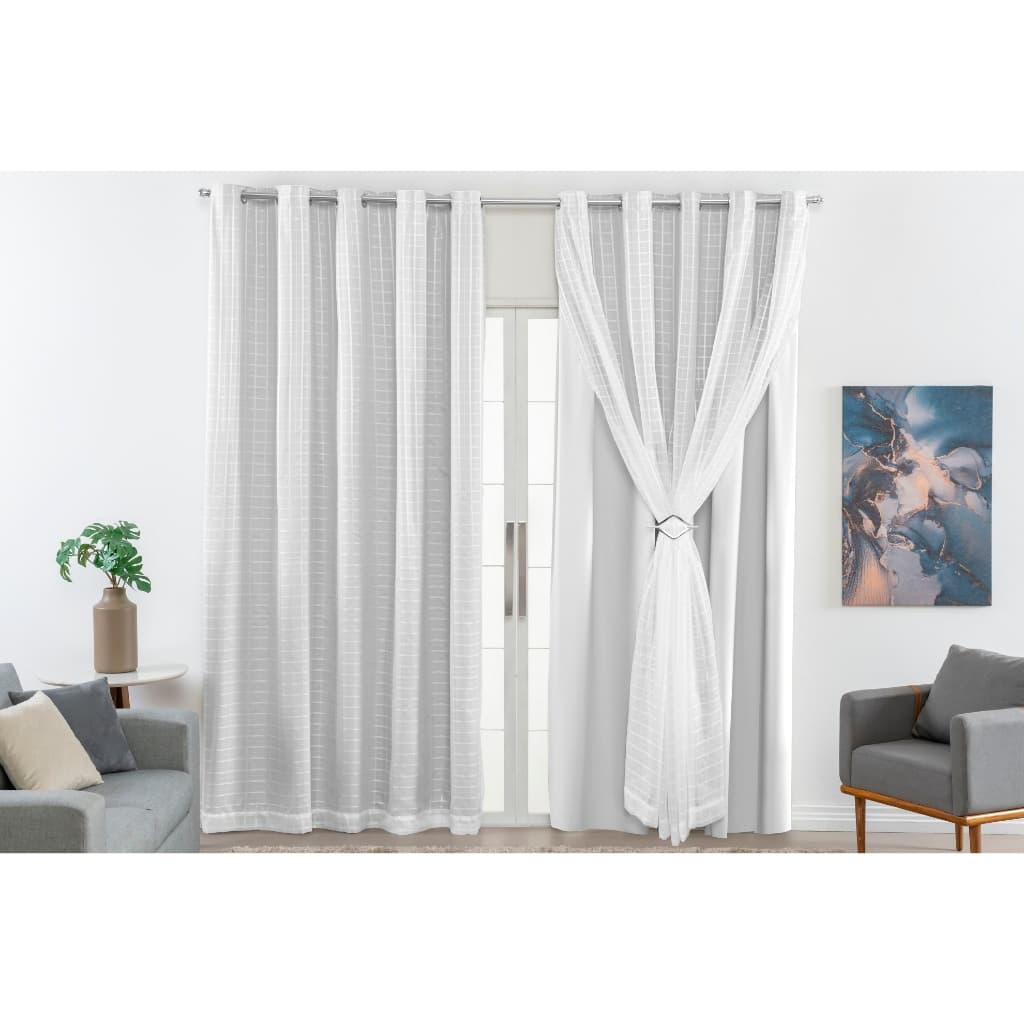 Cortina Blackout PVC Com Voil Xadrez 2,80M x 2,00M 100% Blecaute Com Voal Para Varão Simples Quarto Sala